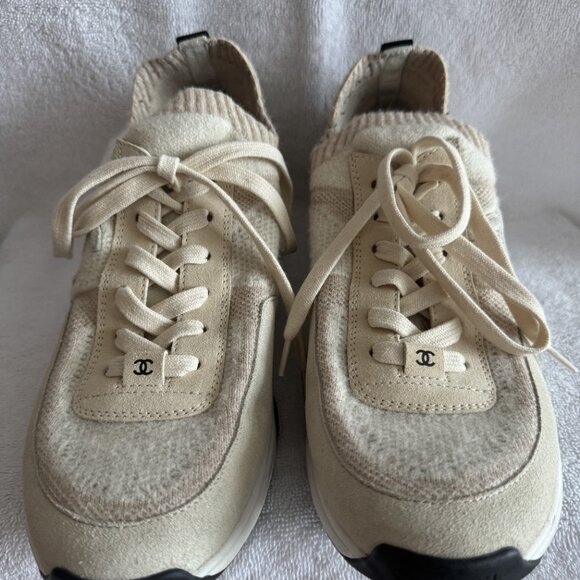 CHANEL WOMEN’S CC LOW-TOP SNEAKERS SUEDE AND KNIT FABRIC 42 - Picture 11 of 13